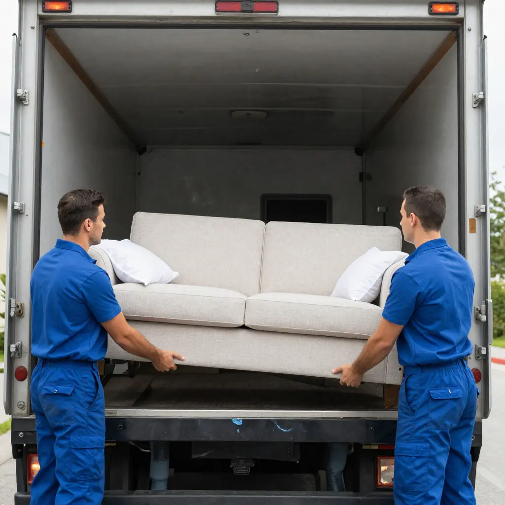 Professional moving team carefully loading furniture
