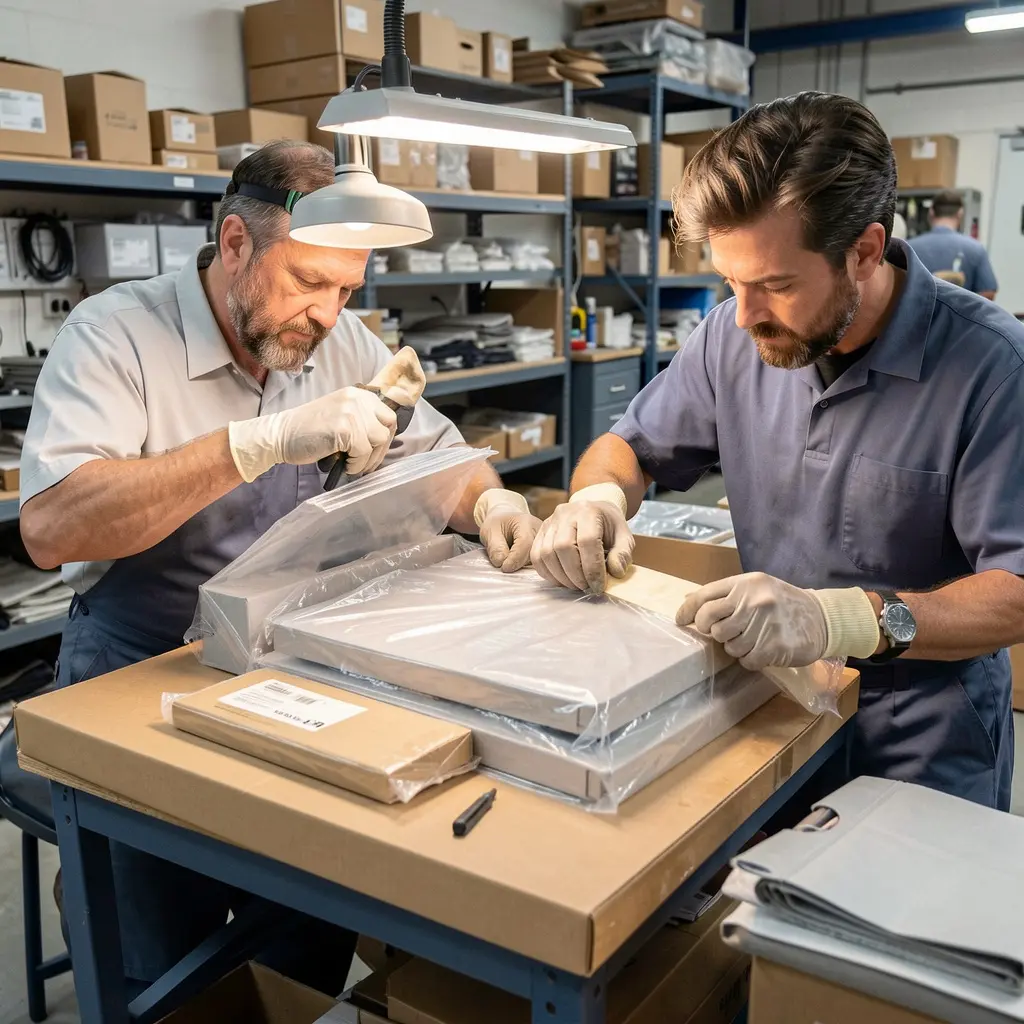 Professional packer carefully wrapping fragile items